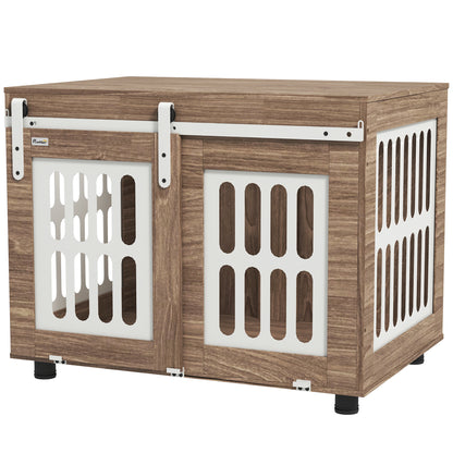 Walnut Dog Crate Furniture with Sliding Door, Medium-Sized Dog House, Good Ventilation, Side Table with Adjustable Feet, 80 x 59 x 63 cm