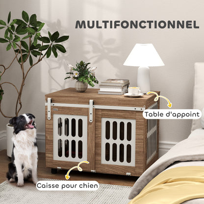 Walnut Dog Crate Furniture with Sliding Door, Medium-Sized Dog House, Good Ventilation, Side Table with Adjustable Feet, 80 x 59 x 63 cm