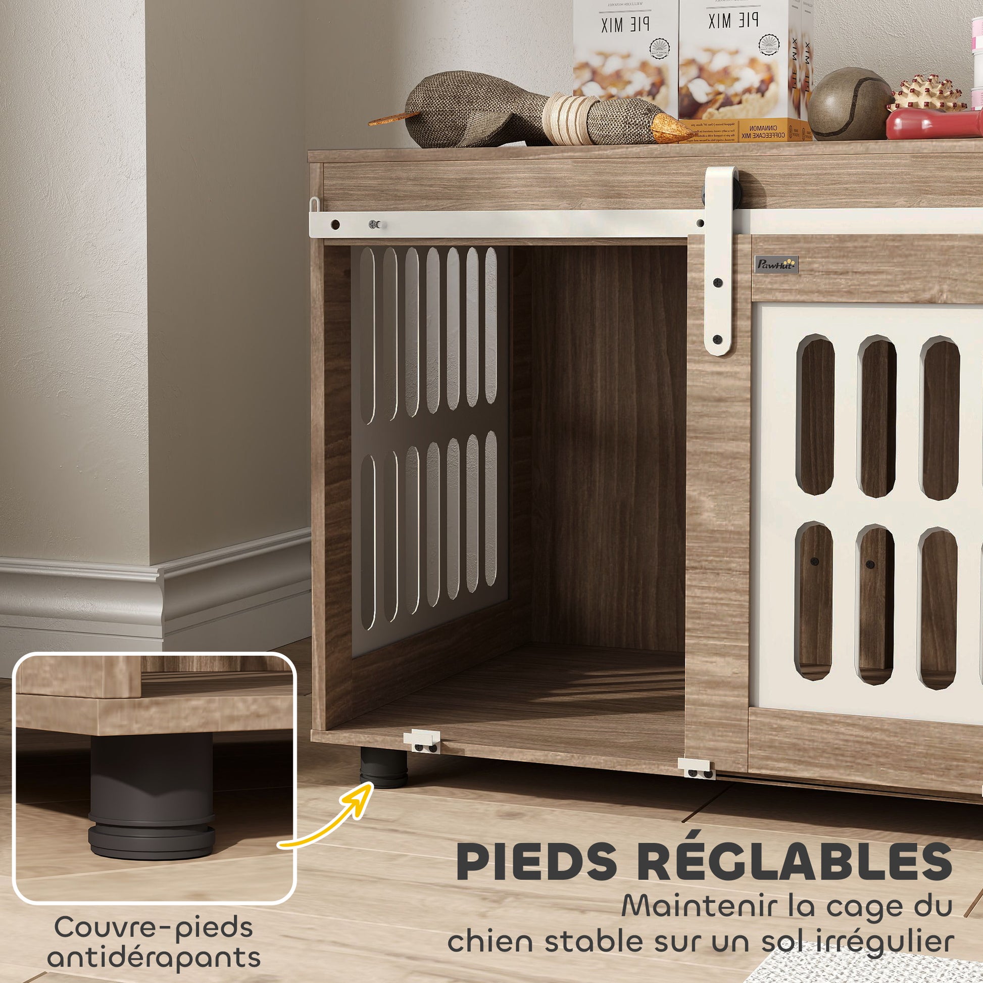 Walnut Dog Crate Furniture with Sliding Door, Medium-Sized Dog House, Good Ventilation, Side Table with Adjustable Feet, 80 x 59 x 63 cm