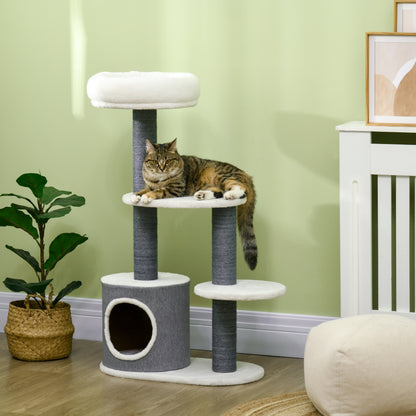 Cat Tree with Lounge, House, and Scratching Post, 55.5x30.5x98 cm, White