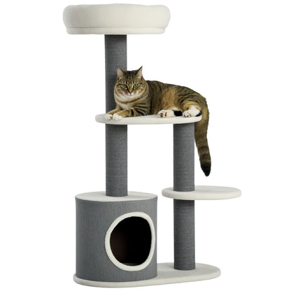 Cat Tree with Lounge, House, and Scratching Post, 55.5x30.5x98 cm, White