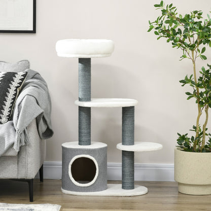 Cat Tree with Lounge, House, and Scratching Post, 55.5x30.5x98 cm, White