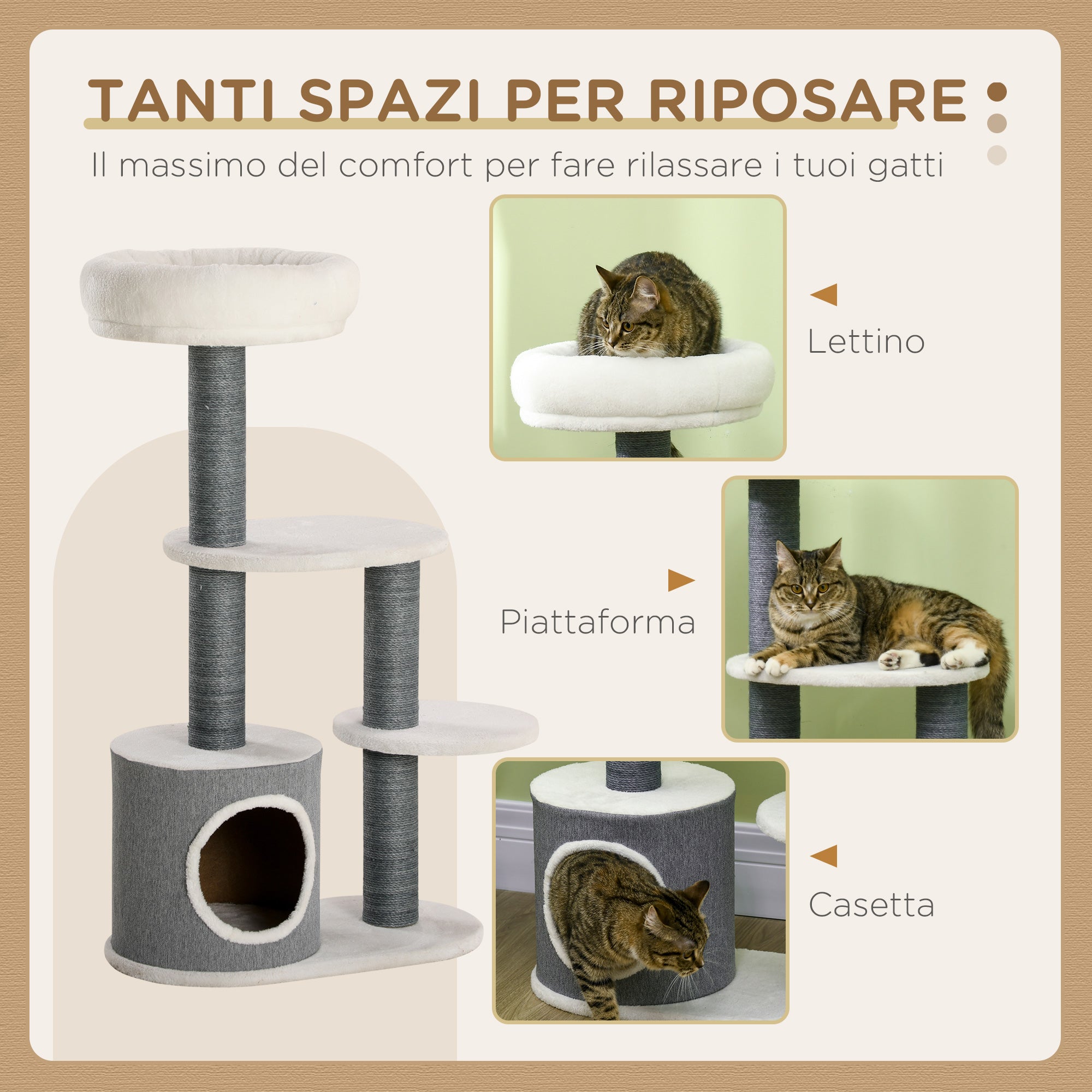Cat Tree with Lounge, House, and Scratching Post, 55.5x30.5x98 cm, White