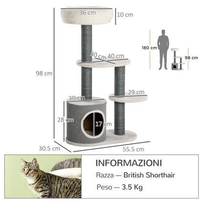 Cat Tree with Lounge, House, and Scratching Post, 55.5x30.5x98 cm, White