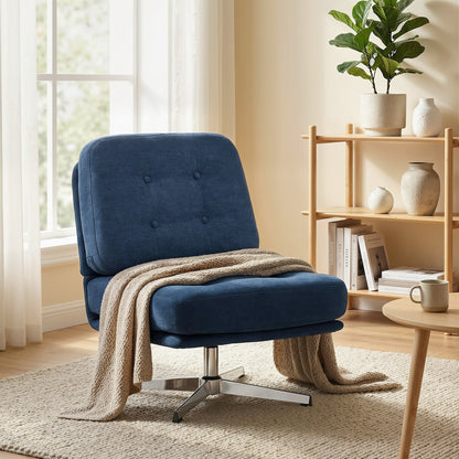 Chenille Swivel Lounge Chair, Extra-Wide Accent Armchair with Metal Legs, Modern Upholstered Chair for Living Room & Bedroom — Dark Blue