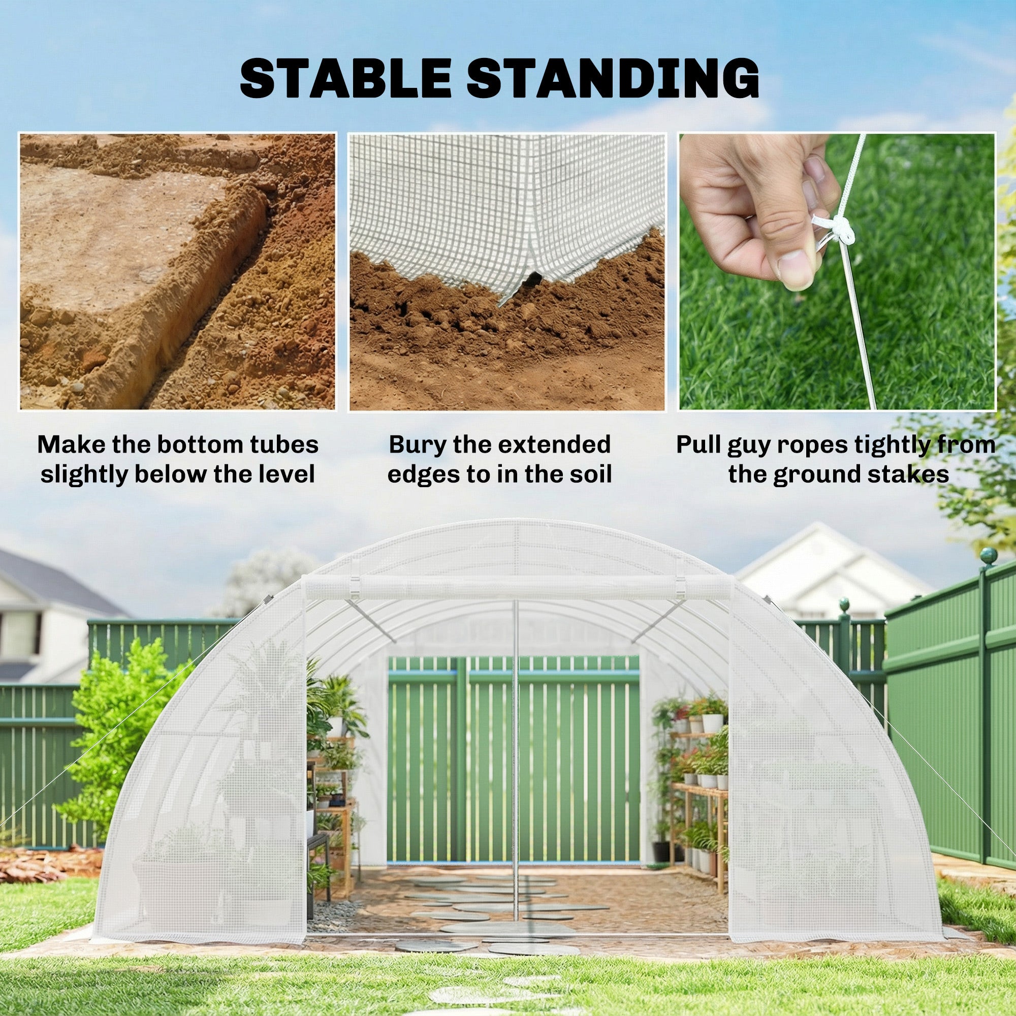 Outdoor Tunnel Greenhouse, 6 x 4 x 2 m – Galvanized Steel Frame, Waterproof UV-Resistant PE Cover, Roll-Up Doors & Mesh Windows, White