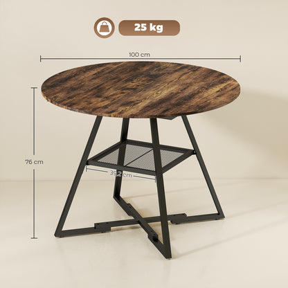 Round Dining Table for 4, 39.4" x 29.9", Industrial Kitchen Table with Large Top and Storage Shelf, Metal Frame, Rustic Brown