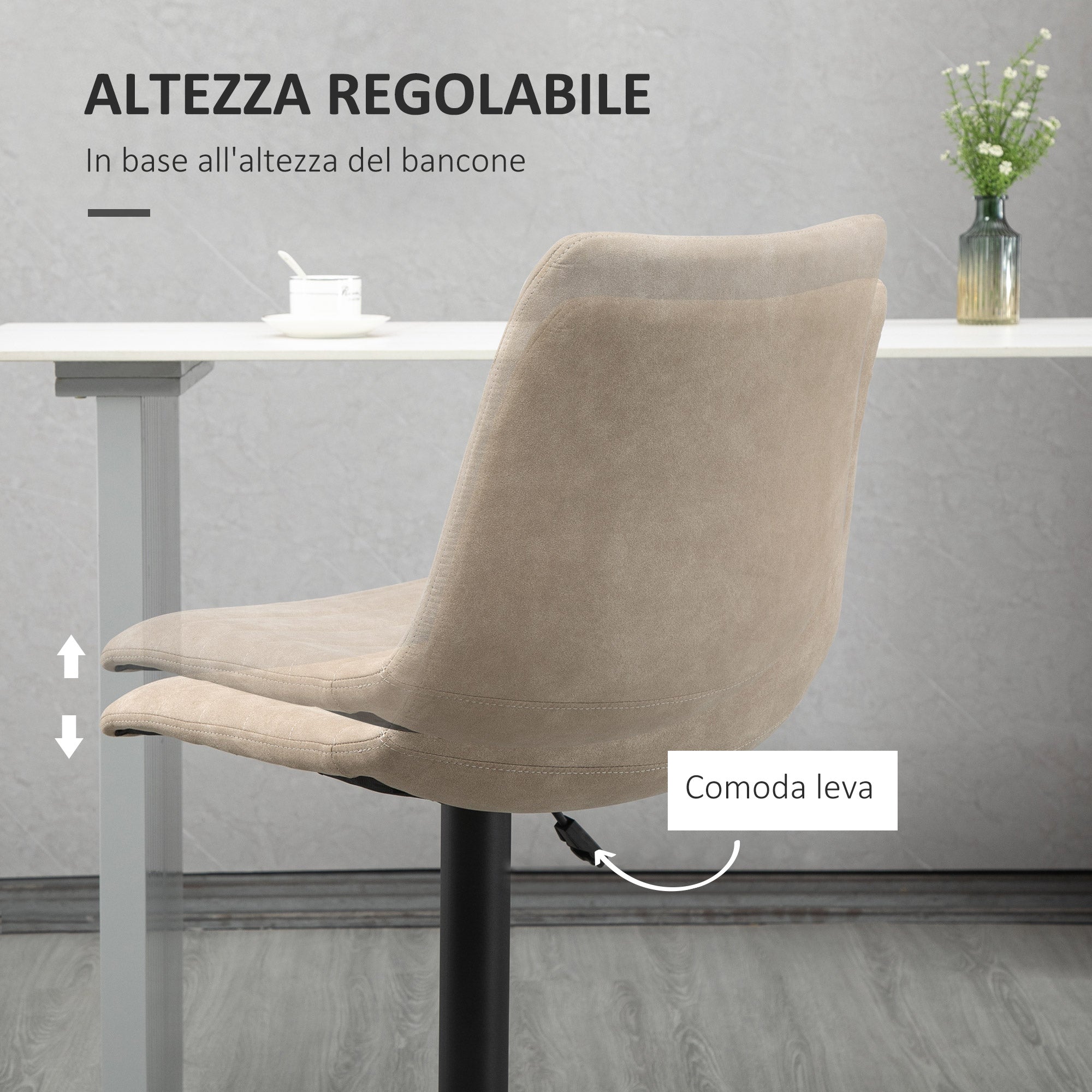 Bar Stool Set 2 Pieces with Adjustable Height and Footrest, Steel and Polyester, 47.5x57.5x95-116cm, Light Brown