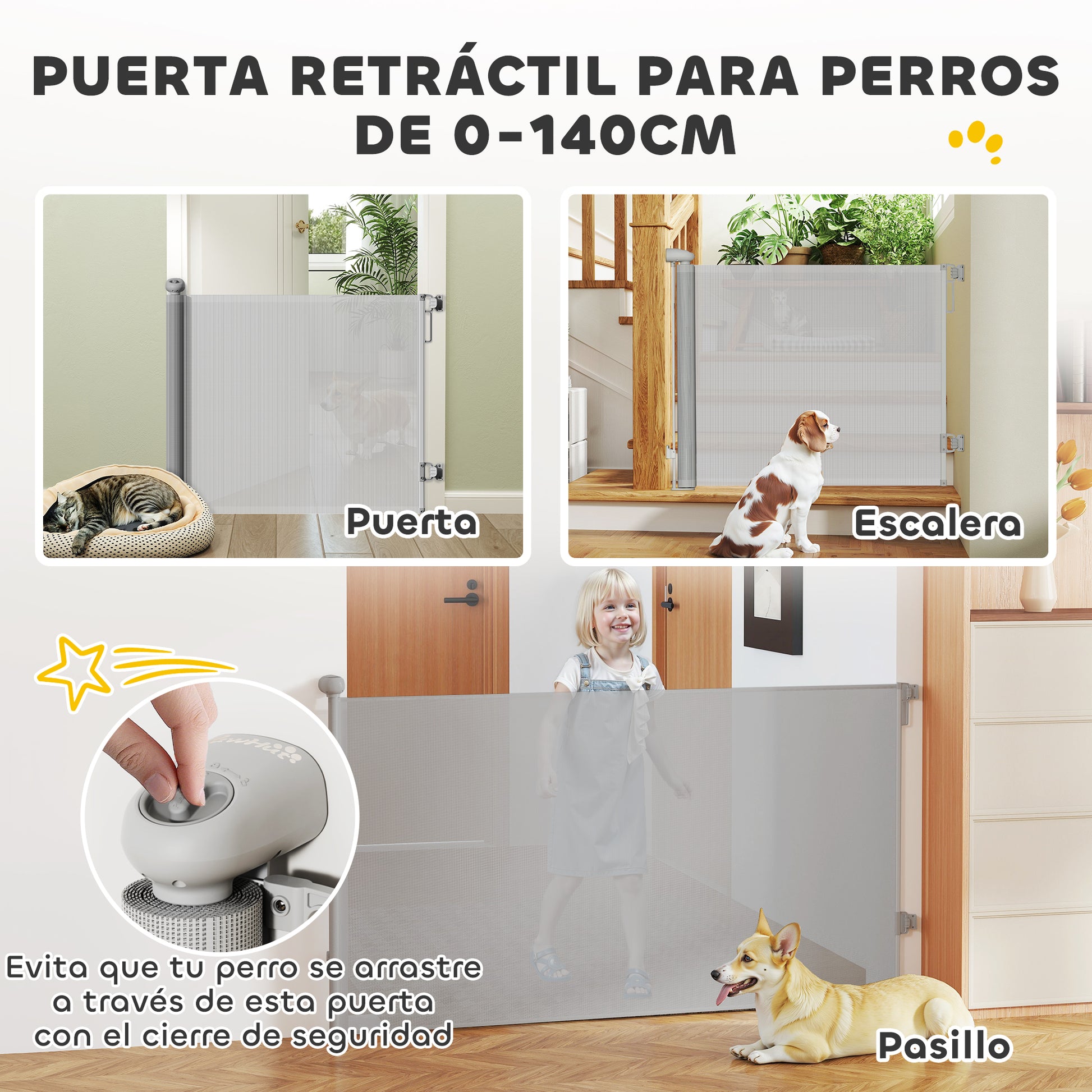 Retractable Dog Barrier 0-140 cm Small Dog Door Extendable Pet Safety Gate with Lock Switch for Stairs Doorways Hallways Gray