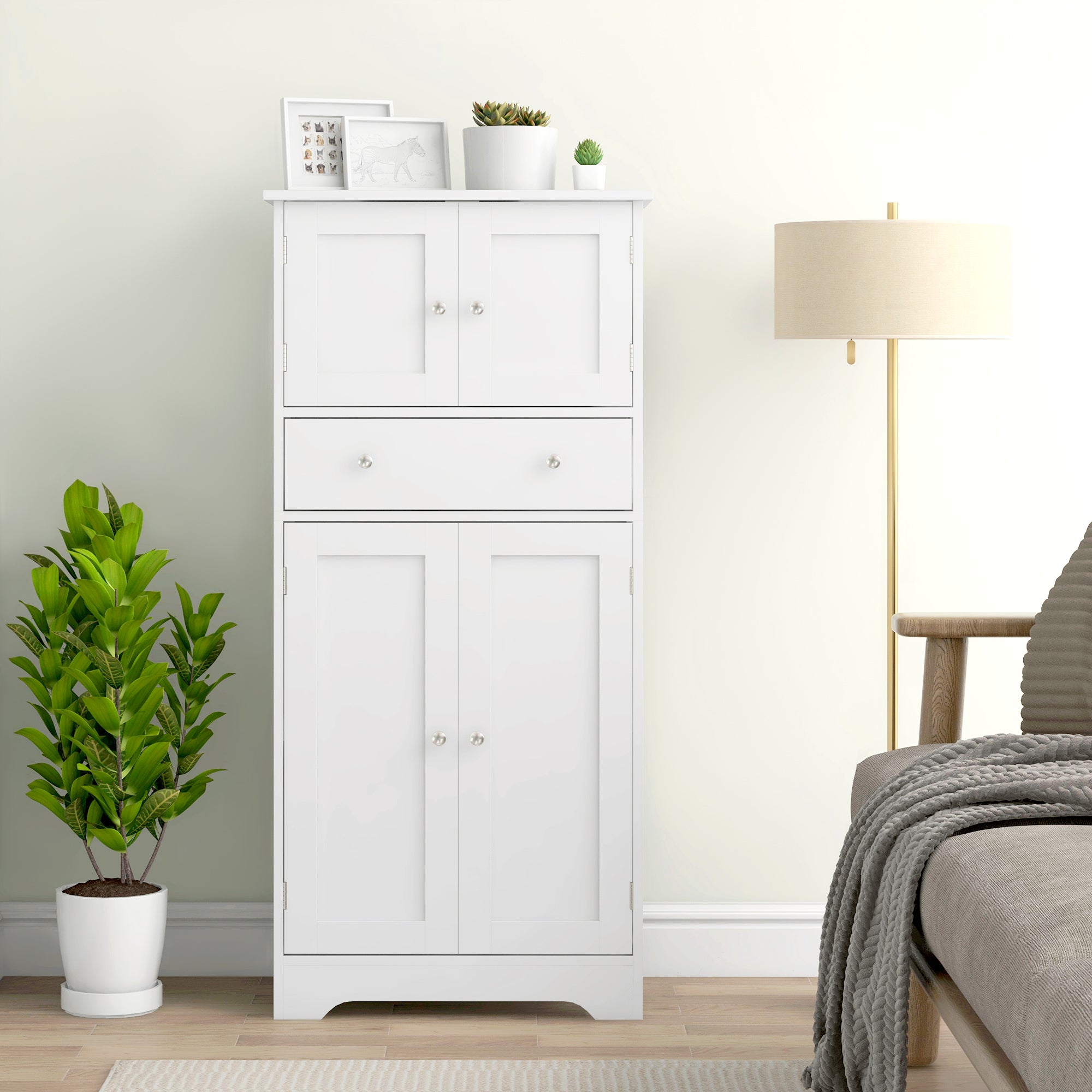 Kitchen Cabinet Buffet Modern Style Storage Cupboard with Cabinets, Adjustable Shelves, Drawer, for Dining Room, Living Room, 60 x 30 x 128 cm, White