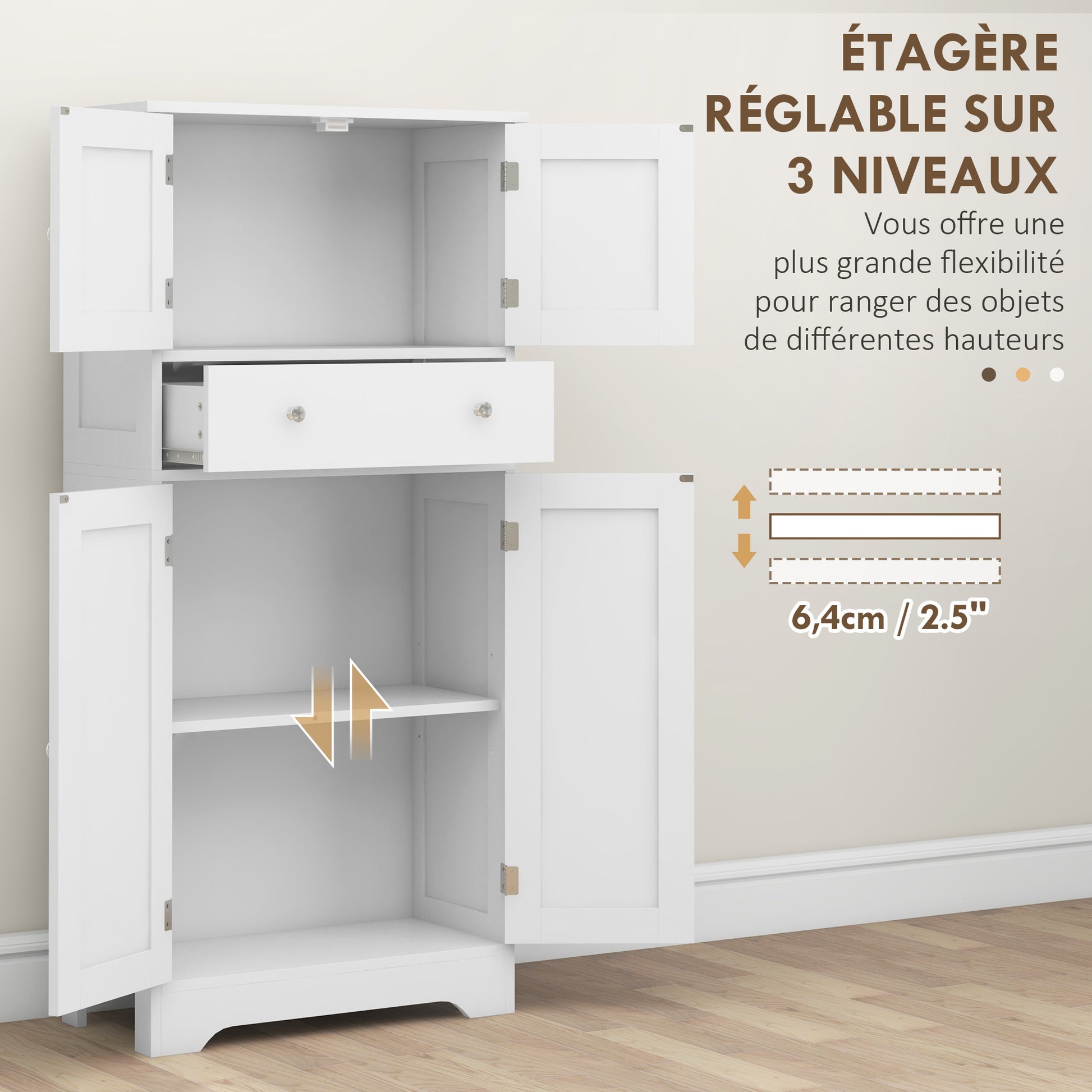 Kitchen Cabinet Buffet Modern Style Storage Cupboard with Cabinets, Adjustable Shelves, Drawer, for Dining Room, Living Room, 60 x 30 x 128 cm, White