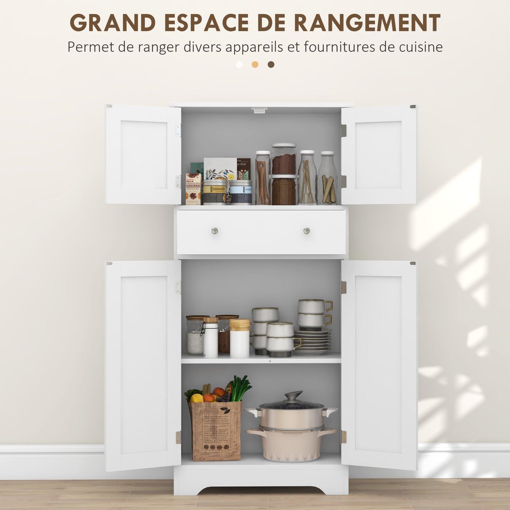 Kitchen Cabinet Buffet Modern Style Storage Cupboard with Cabinets, Adjustable Shelves, Drawer, for Dining Room, Living Room, 60 x 30 x 128 cm, White