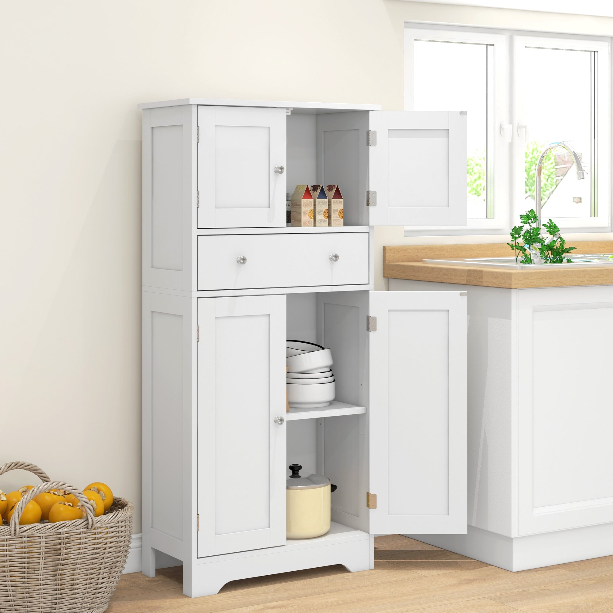 Kitchen Cabinet Buffet Modern Style Storage Cupboard with Cabinets, Adjustable Shelves, Drawer, for Dining Room, Living Room, 60 x 30 x 128 cm, White