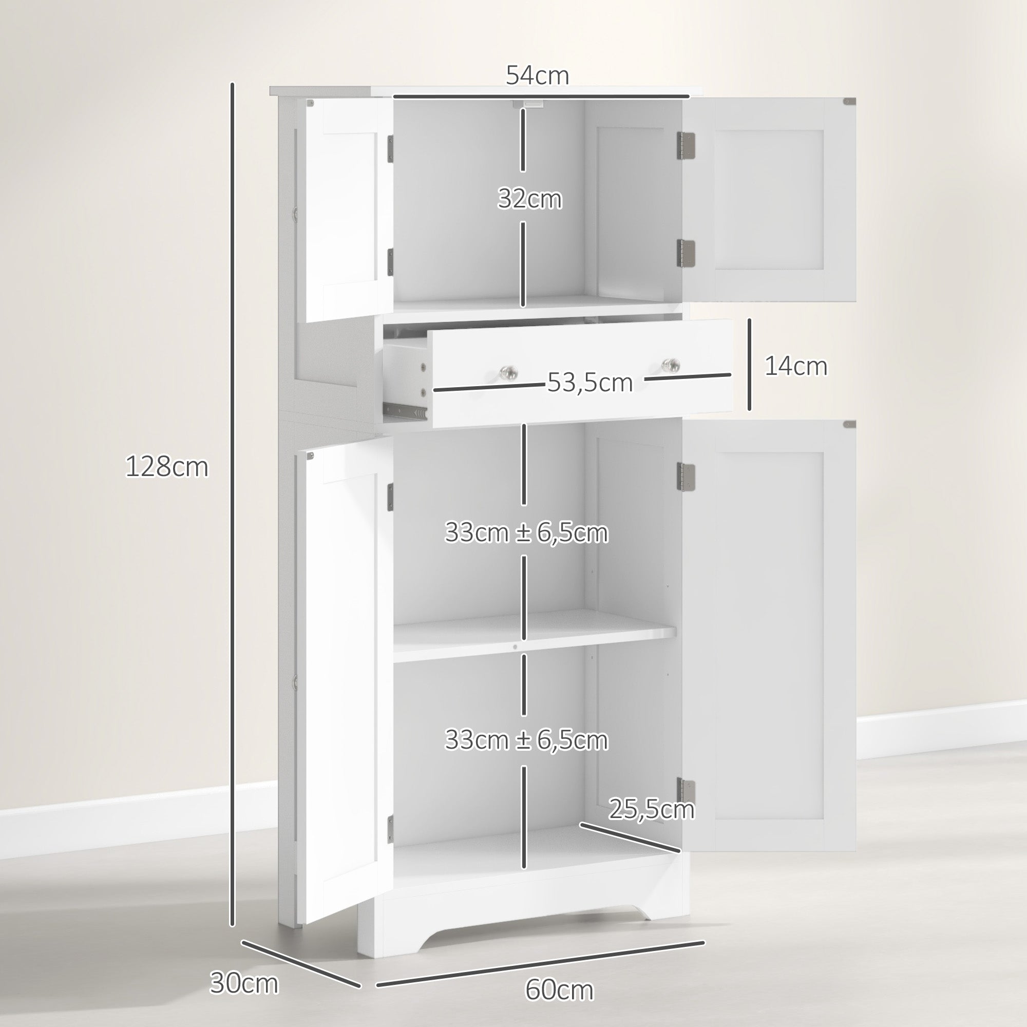 Kitchen Cabinet Buffet Modern Style Storage Cupboard with Cabinets, Adjustable Shelves, Drawer, for Dining Room, Living Room, 60 x 30 x 128 cm, White