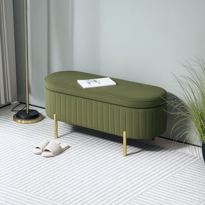 Oval Storage Bench 72L with Lift-Up Lid and Fluted Design, Modern Velvet Fabric and Pine Wood Bench, 108x44x43.5cm, Dark Green