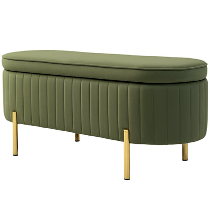 Oval Storage Bench 72L with Lift-Up Lid and Fluted Design, Modern Velvet Fabric and Pine Wood Bench, 108x44x43.5cm, Dark Green