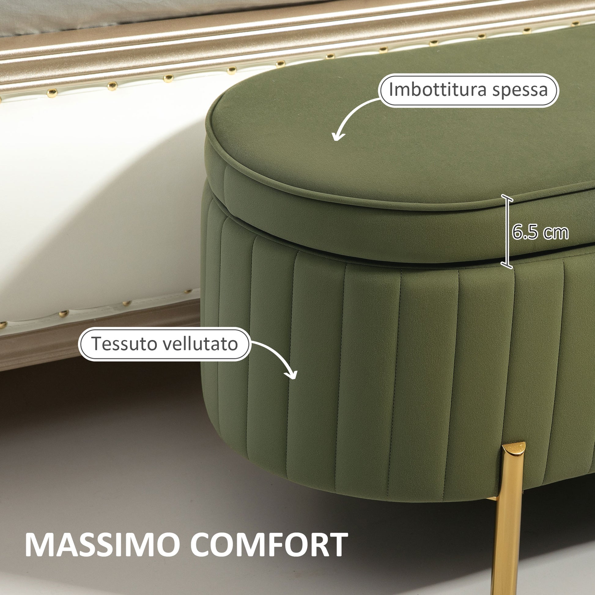 Oval Storage Bench 72L with Lift-Up Lid and Fluted Design, Modern Velvet Fabric and Pine Wood Bench, 108x44x43.5cm, Dark Green
