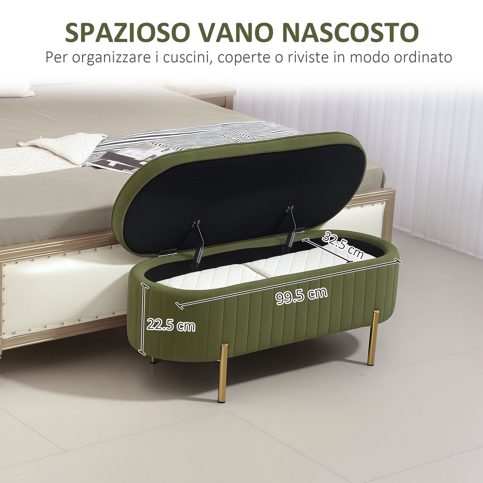 Oval Storage Bench 72L with Lift-Up Lid and Fluted Design, Modern Velvet Fabric and Pine Wood Bench, 108x44x43.5cm, Dark Green