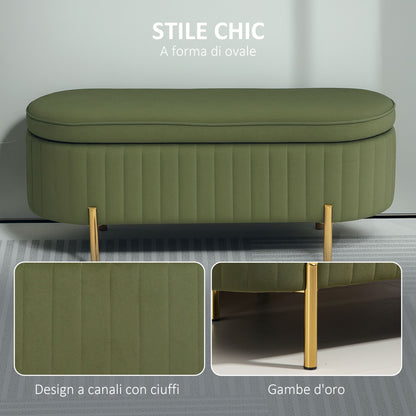Oval Storage Bench 72L with Lift-Up Lid and Fluted Design, Modern Velvet Fabric and Pine Wood Bench, 108x44x43.5cm, Dark Green
