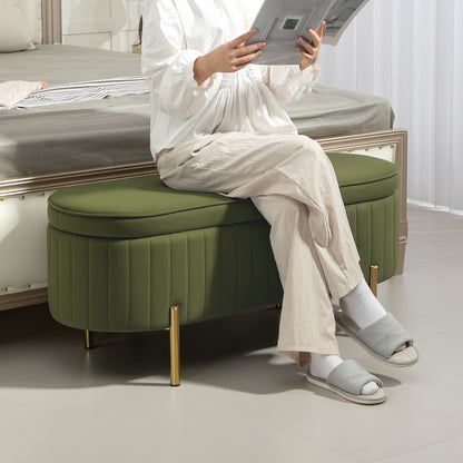 Oval Storage Bench 72L with Lift-Up Lid and Fluted Design, Modern Velvet Fabric and Pine Wood Bench, 108x44x43.5cm, Dark Green