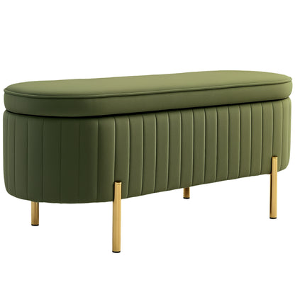 Oval Storage Bench 72L with Lift-Up Lid and Fluted Design, Modern Velvet Fabric and Pine Wood Bench, 108x44x43.5cm, Dark Green