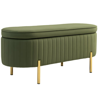 Oval Storage Bench 72L with Lift-Up Lid and Fluted Design, Modern Velvet Fabric and Pine Wood Bench, 108x44x43.5cm, Dark Green