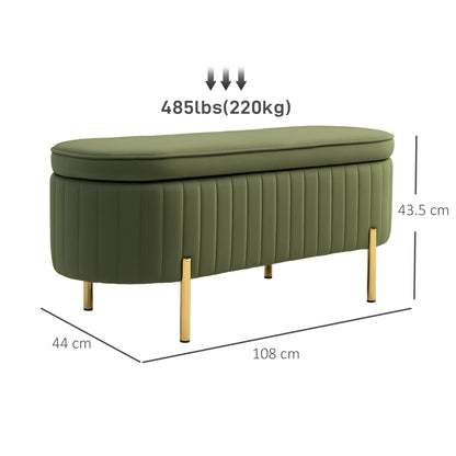 Oval Storage Bench 72L with Lift-Up Lid and Fluted Design, Modern Velvet Fabric and Pine Wood Bench, 108x44x43.5cm, Dark Green