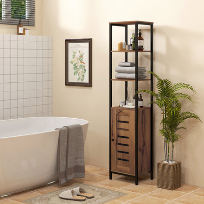 Bathroom Column Cabinet, High Toilet Cabinet, Industrial Design, with 3 Open Shelves, Slatted Door, and Adjustable Shelves, Rustic Brown