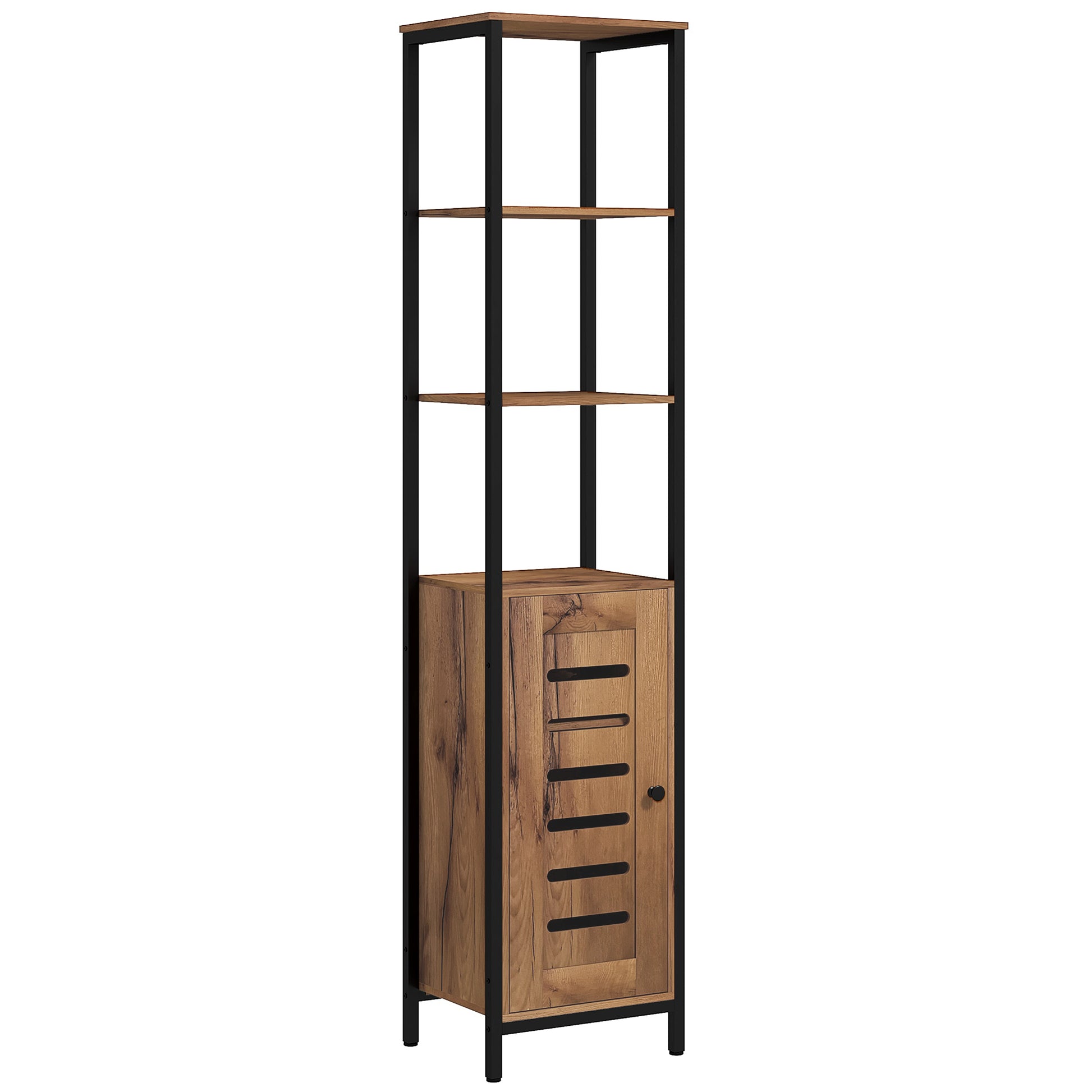 Bathroom Column Cabinet, High Toilet Cabinet, Industrial Design, with 3 Open Shelves, Slatted Door, and Adjustable Shelves, Rustic Brown