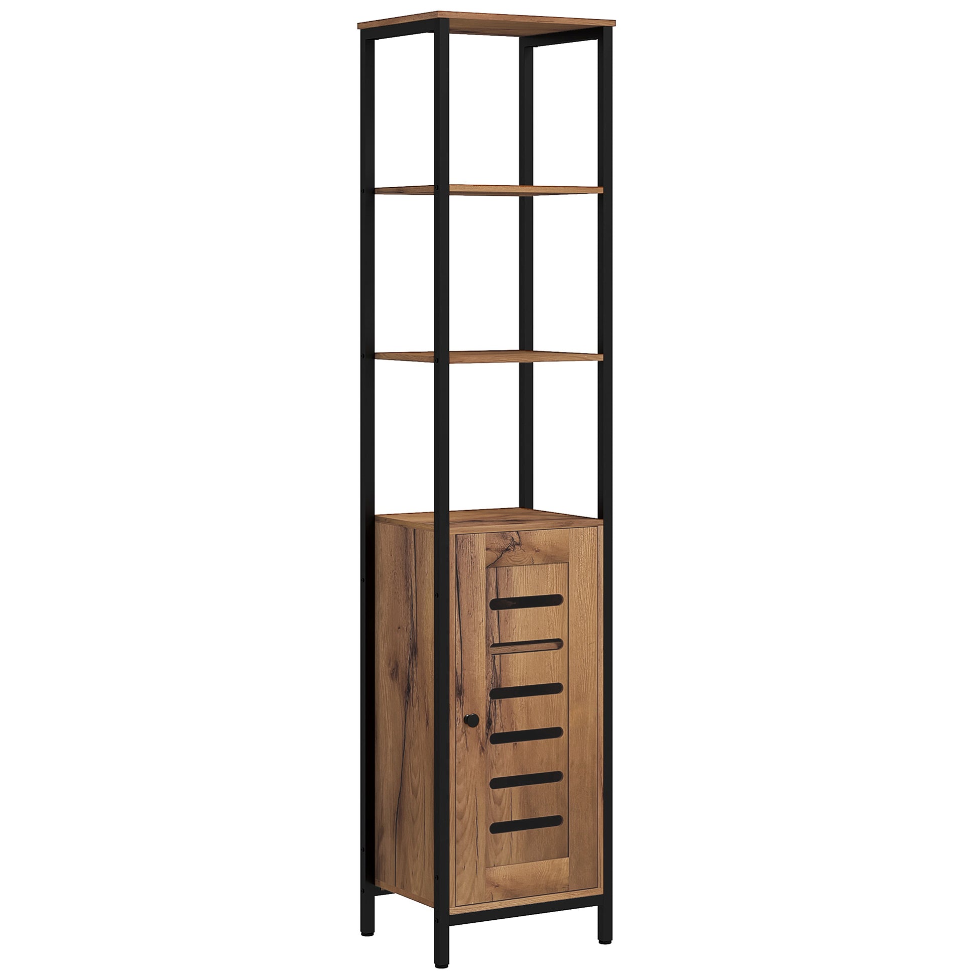 Bathroom Column Cabinet, High Toilet Cabinet, Industrial Design, with 3 Open Shelves, Slatted Door, and Adjustable Shelves, Rustic Brown