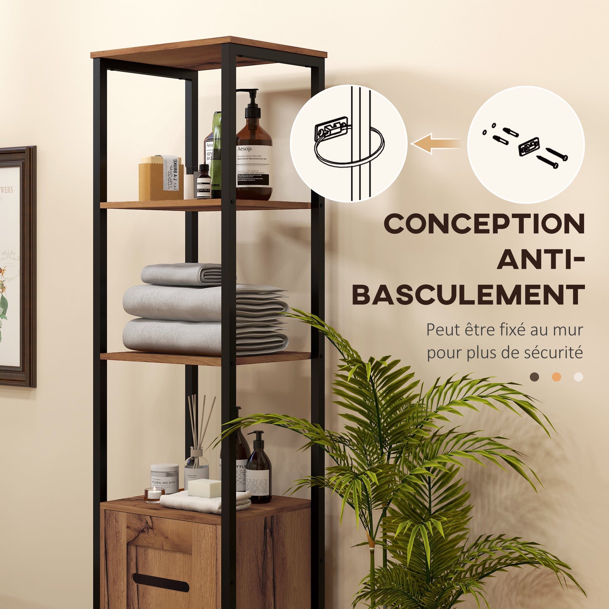 Bathroom Column Cabinet, High Toilet Cabinet, Industrial Design, with 3 Open Shelves, Slatted Door, and Adjustable Shelves, Rustic Brown