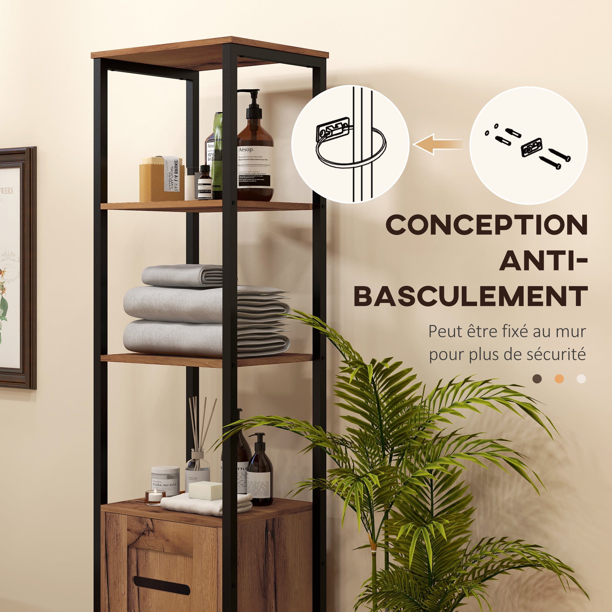 Bathroom Column Cabinet, High Toilet Cabinet, Industrial Design, with 3 Open Shelves, Slatted Door, and Adjustable Shelves, Rustic Brown