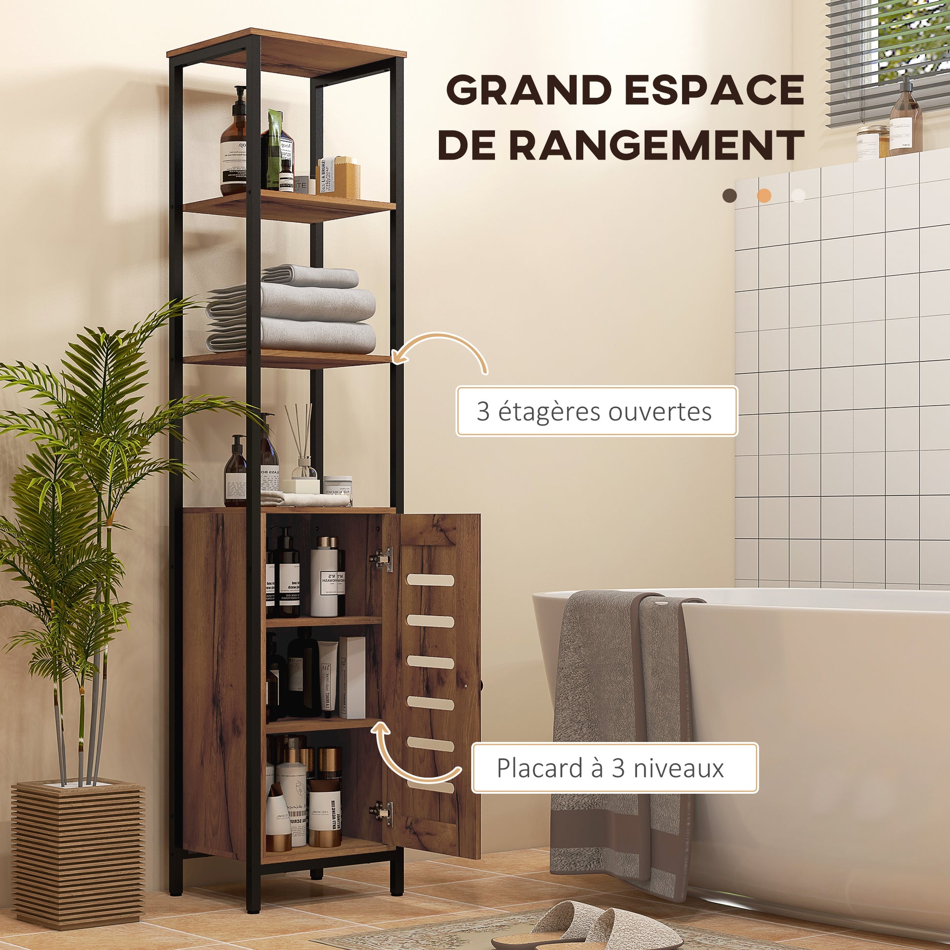 Bathroom Column Cabinet, High Toilet Cabinet, Industrial Design, with 3 Open Shelves, Slatted Door, and Adjustable Shelves, Rustic Brown