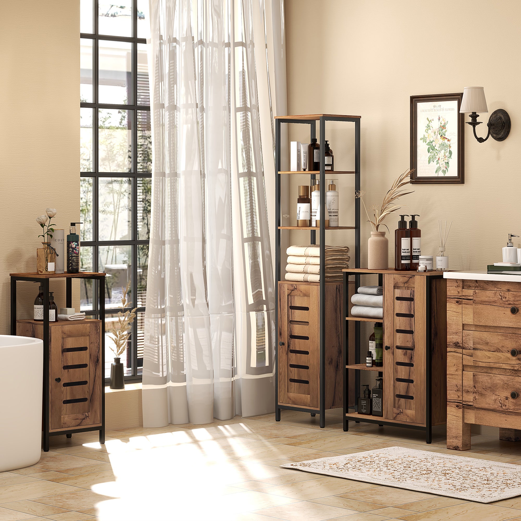 Bathroom Column Cabinet, High Toilet Cabinet, Industrial Design, with 3 Open Shelves, Slatted Door, and Adjustable Shelves, Rustic Brown