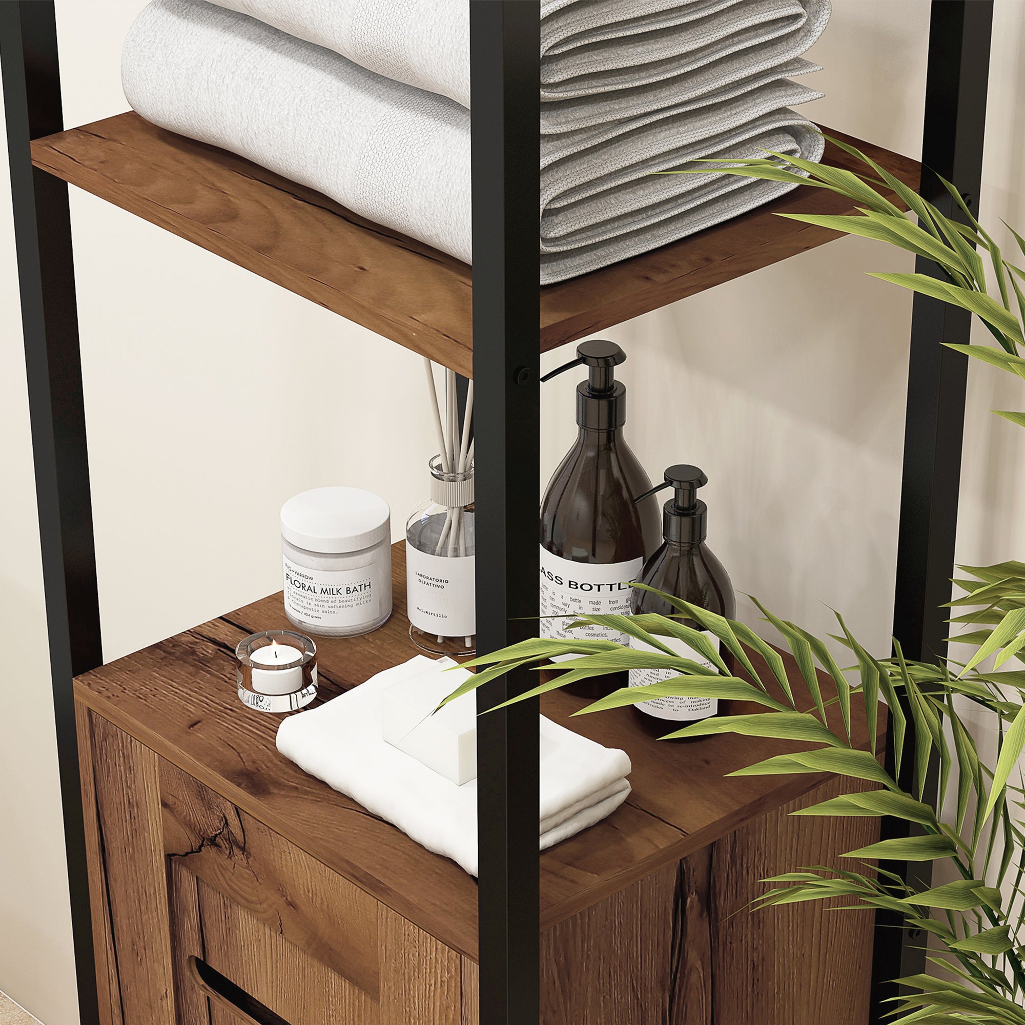 Bathroom Column Cabinet, High Toilet Cabinet, Industrial Design, with 3 Open Shelves, Slatted Door, and Adjustable Shelves, Rustic Brown