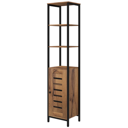 Bathroom Column Cabinet, High Toilet Cabinet, Industrial Design, with 3 Open Shelves, Slatted Door, and Adjustable Shelves, Rustic Brown