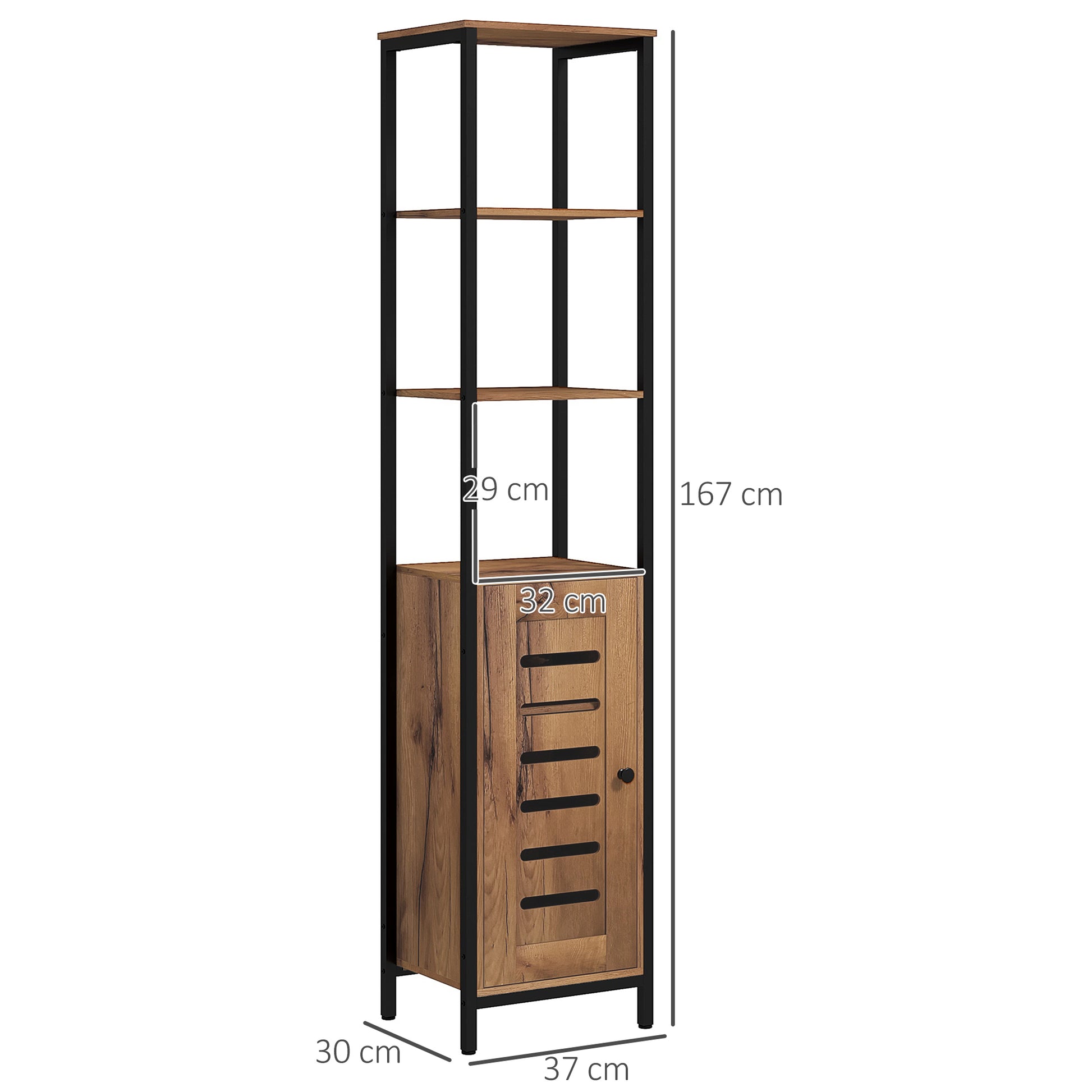 Bathroom Column Cabinet, High Toilet Cabinet, Industrial Design, with 3 Open Shelves, Slatted Door, and Adjustable Shelves, Rustic Brown