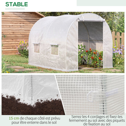 Garden Tunnel Greenhouse 6 m² 3L x 2W x 1.9H m Reinforced Galvanized Steel diameter 2.4 cm + High-Density PE Windows Door White