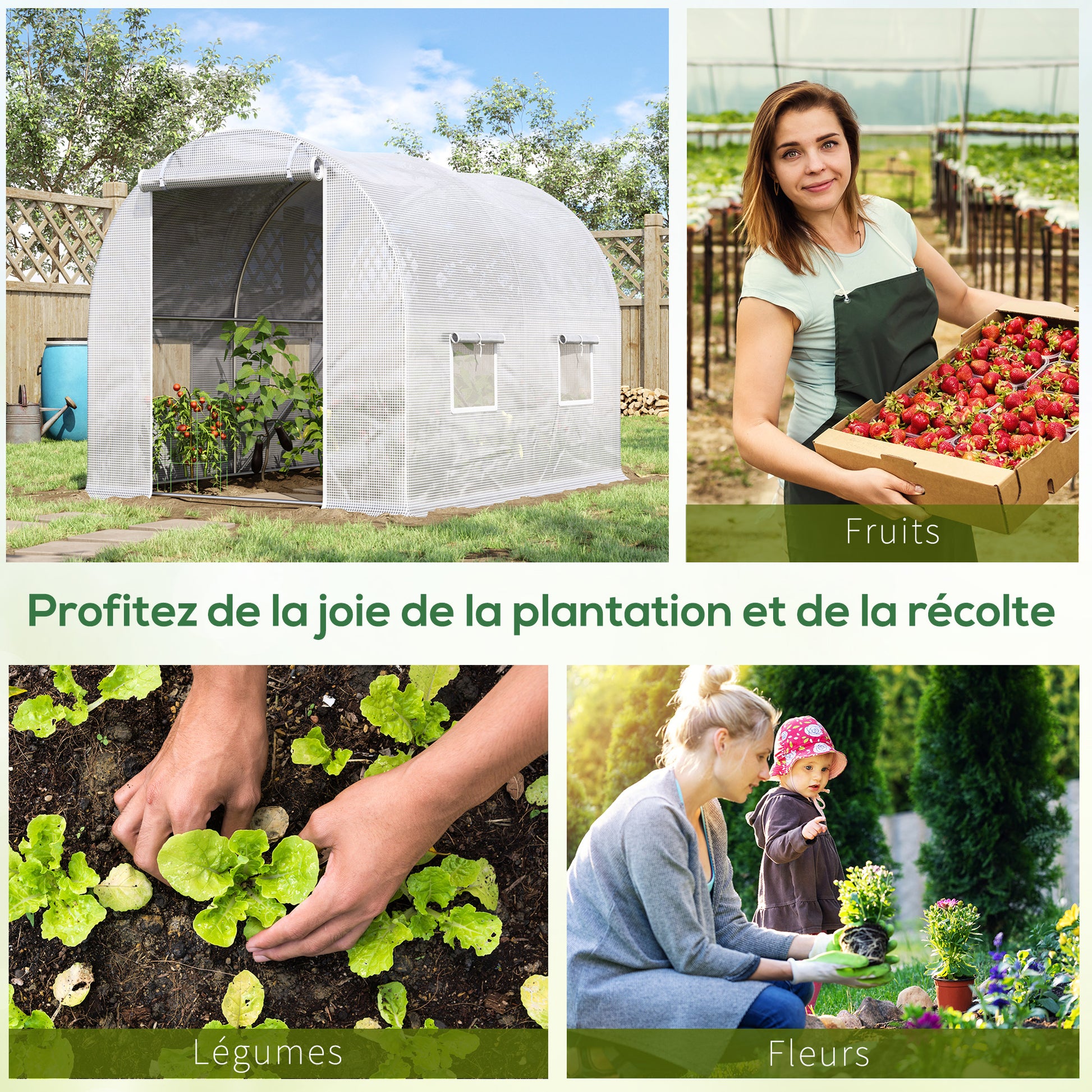 Garden Tunnel Greenhouse 6 m² 3L x 2W x 1.9H m Reinforced Galvanized Steel diameter 2.4 cm + High-Density PE Windows Door White