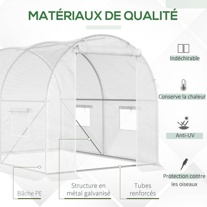 Garden Tunnel Greenhouse 6 m² 3L x 2W x 1.9H m Reinforced Galvanized Steel diameter 2.4 cm + High-Density PE Windows Door White