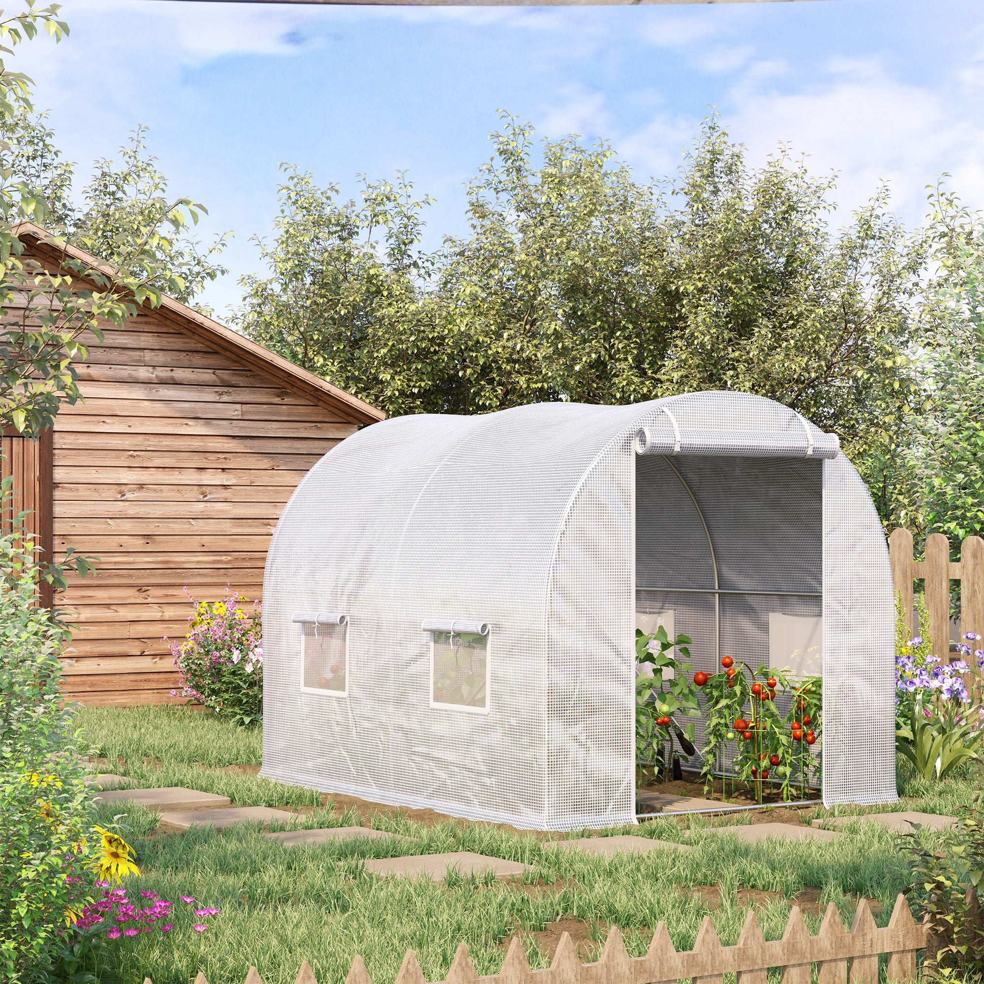 Garden Tunnel Greenhouse 6 m² 3L x 2W x 1.9H m Reinforced Galvanized Steel diameter 2.4 cm + High-Density PE Windows Door White