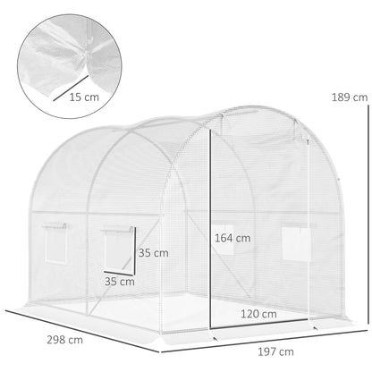 Garden Tunnel Greenhouse 6 m² 3L x 2W x 1.9H m Reinforced Galvanized Steel diameter 2.4 cm + High-Density PE Windows Door White