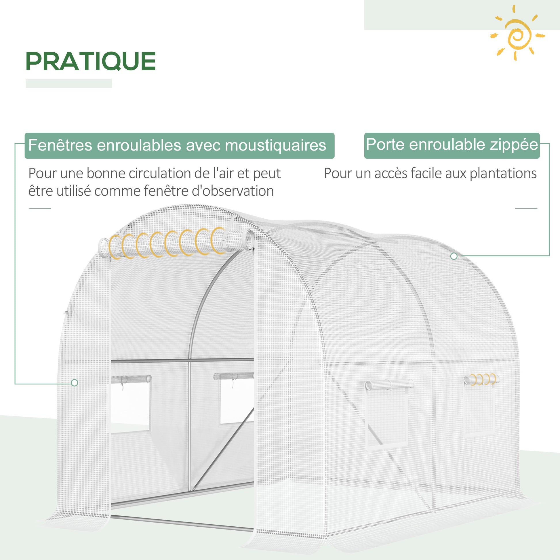 Garden Tunnel Greenhouse 6 m² 3L x 2W x 1.9H m Reinforced Galvanized Steel diameter 2.4 cm + High-Density PE Windows Door White