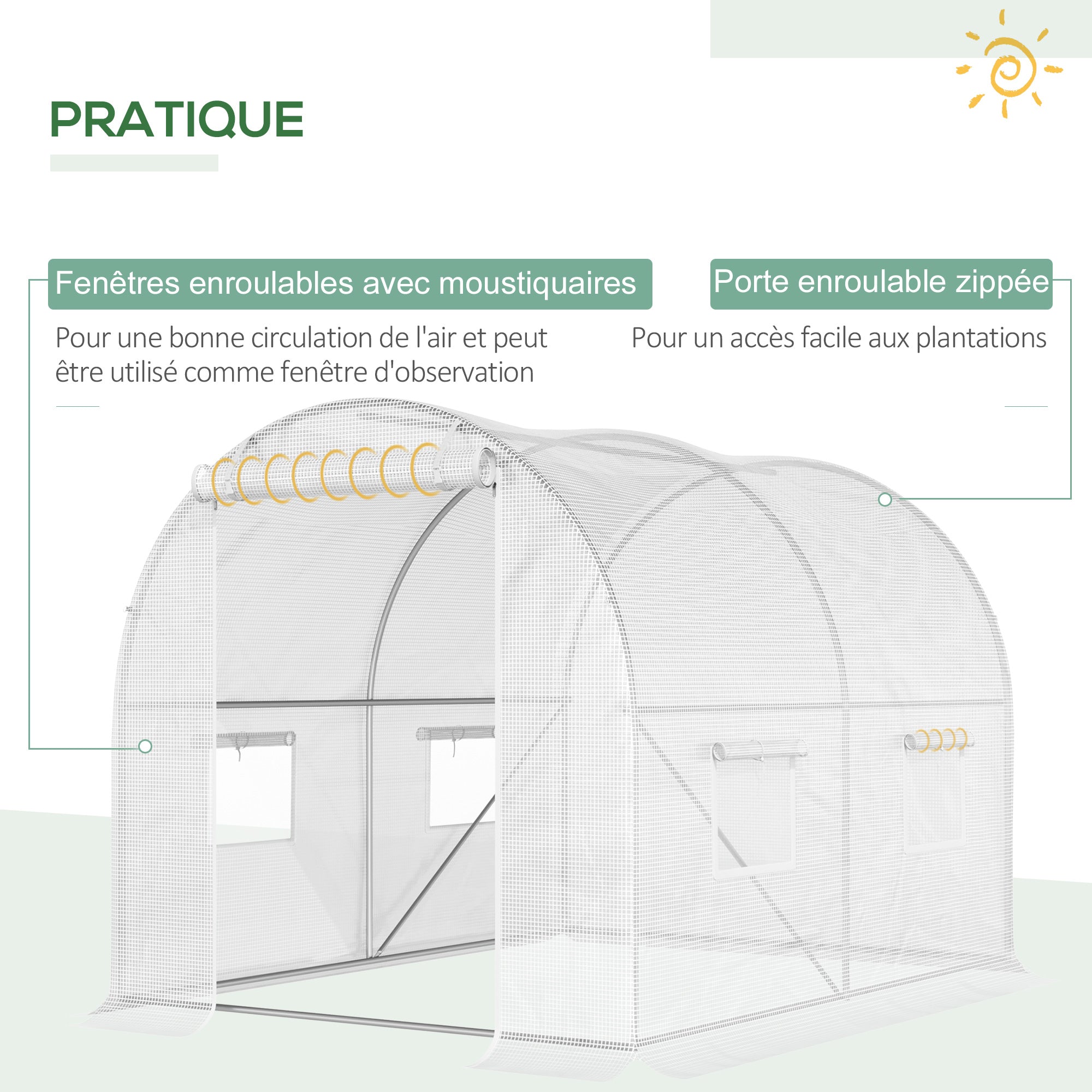 Garden Tunnel Greenhouse 6 m² 3L x 2W x 1.9H m Reinforced Galvanized Steel diameter 2.4 cm + High-Density PE Windows Door White