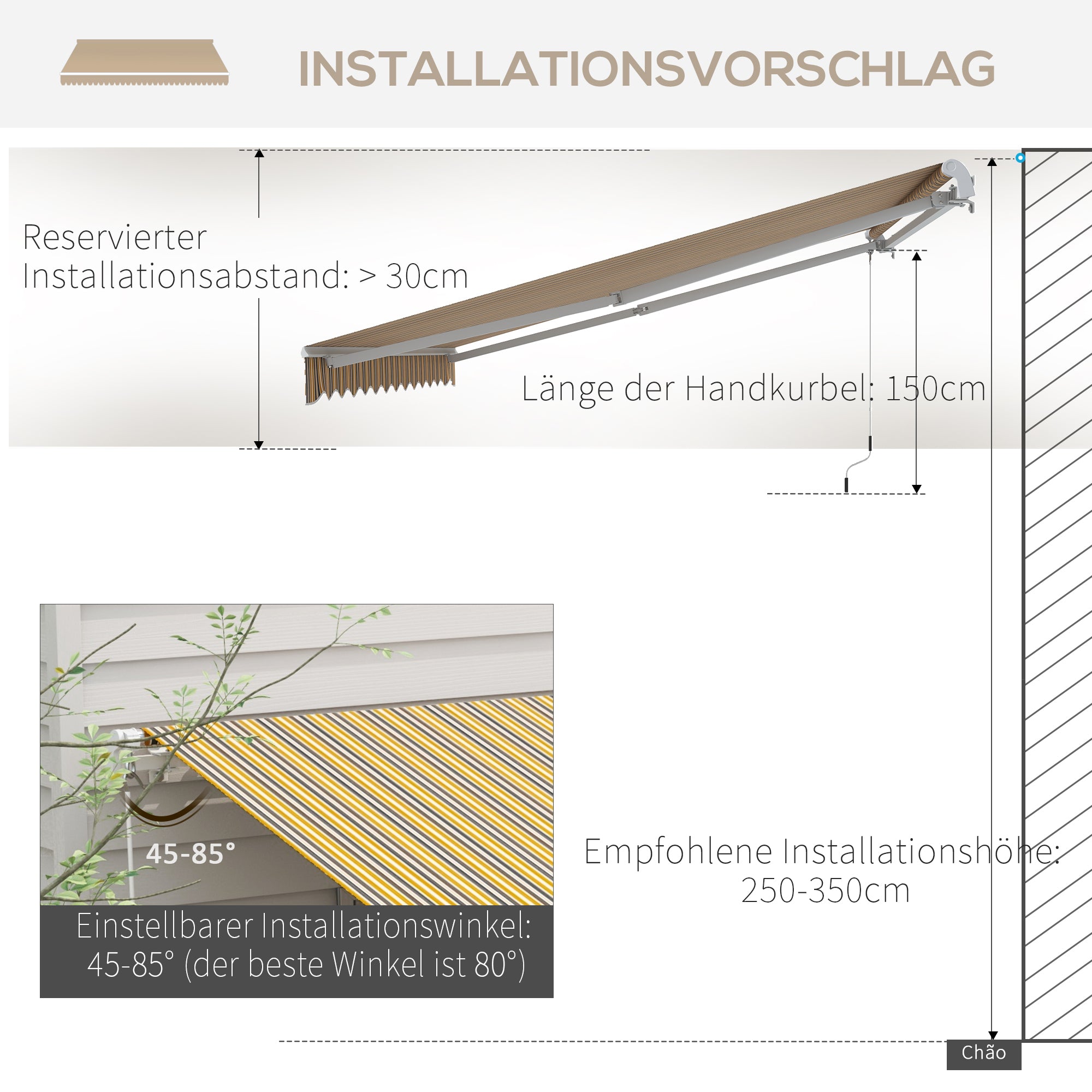 Retractable Awning with Hand Crank 3.5 x 2.5m Yellow Gray Aluminum Polyester Sun Protection