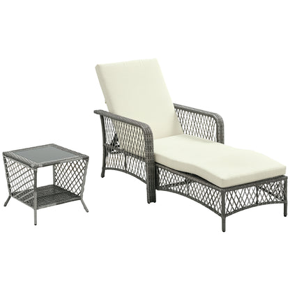 PE Rattan Sun Lounger and Coffee Table Set, Garden Sun Lounger Adjustable in 5 Positions and 2-Tiered Table, Cream White