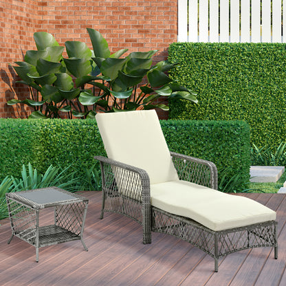 PE Rattan Sun Lounger and Coffee Table Set, Garden Sun Lounger Adjustable in 5 Positions and 2-Tiered Table, Cream White