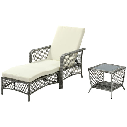 PE Rattan Sun Lounger and Coffee Table Set, Garden Sun Lounger Adjustable in 5 Positions and 2-Tiered Table, Cream White