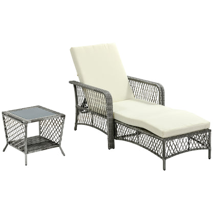 PE Rattan Sun Lounger and Coffee Table Set, Garden Sun Lounger Adjustable in 5 Positions and 2-Tiered Table, Cream White