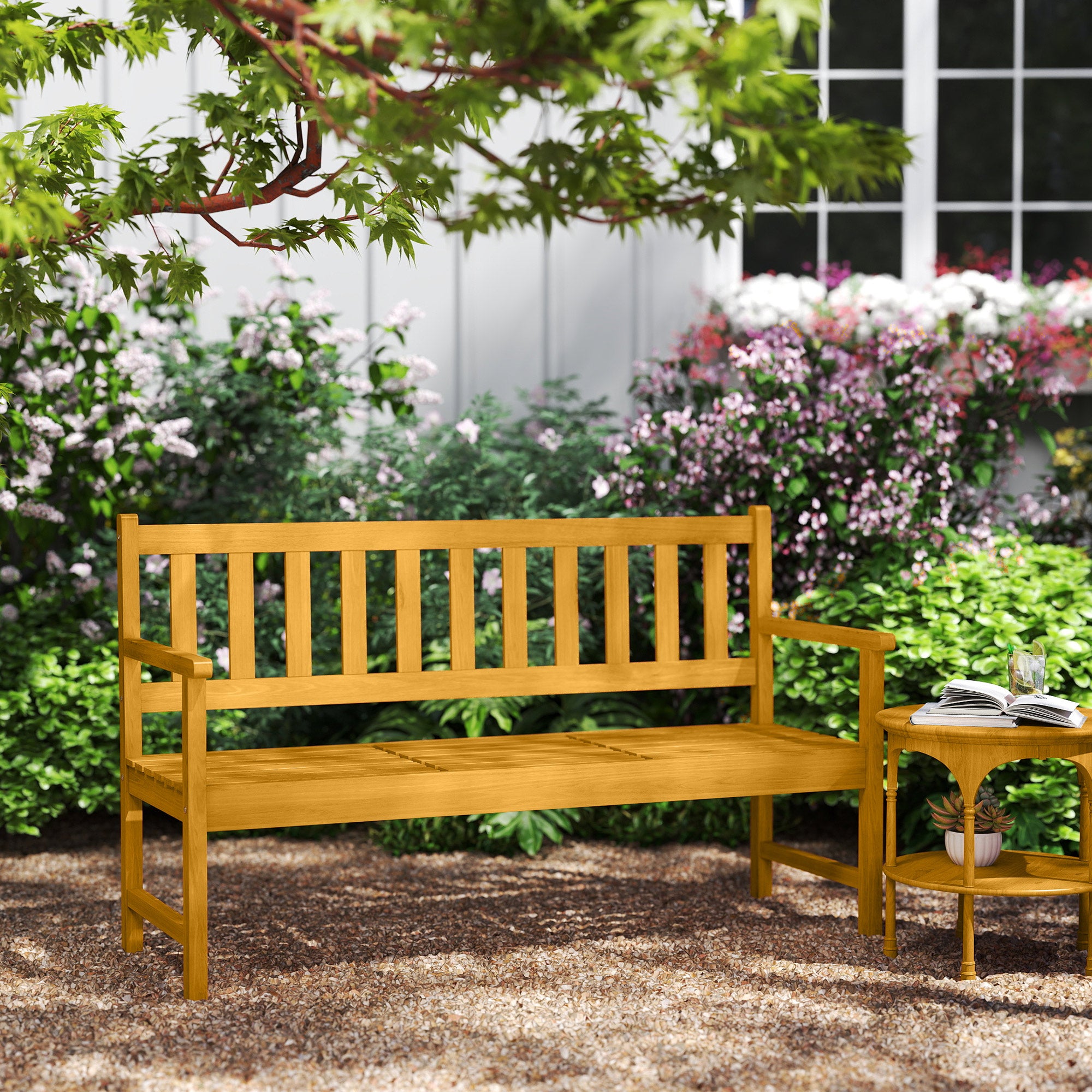 2-Seater Wooden Garden Bench, Weather-Resistant Bench, Garden Furniture with Backrest & Armrests, Foldable Table Park Bench 320kg Load Capacity, Balcony Bench, Wooden Bench for Balcony, Garden, 149x56.5x89cm, Teak
